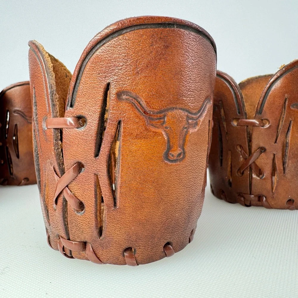 Vintage Tooled Leather Cup Holders Brown Texas Longhorn Western Barware Set 7
